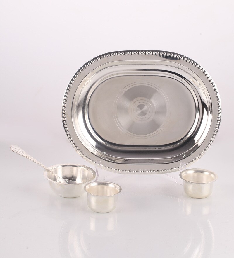 Buy Silver Plated Stainless Steel Capsule Tray Pooja Set by Ojas Online