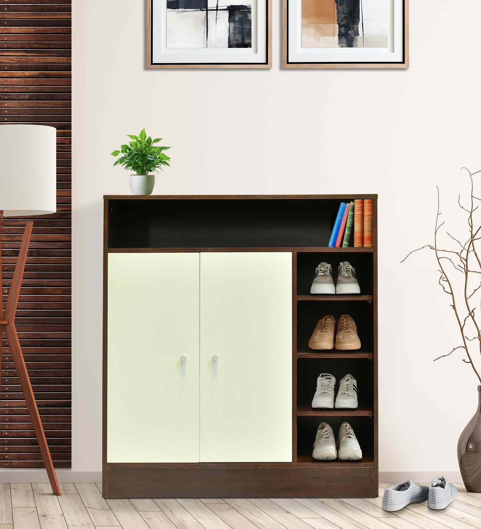 Okta Shoe Cabinet  In Dark New Sawcut With Ceramic White