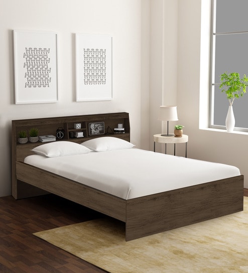 Okinawa King Size Bed With Headboard Storage In Coffee Finish By Mintwud