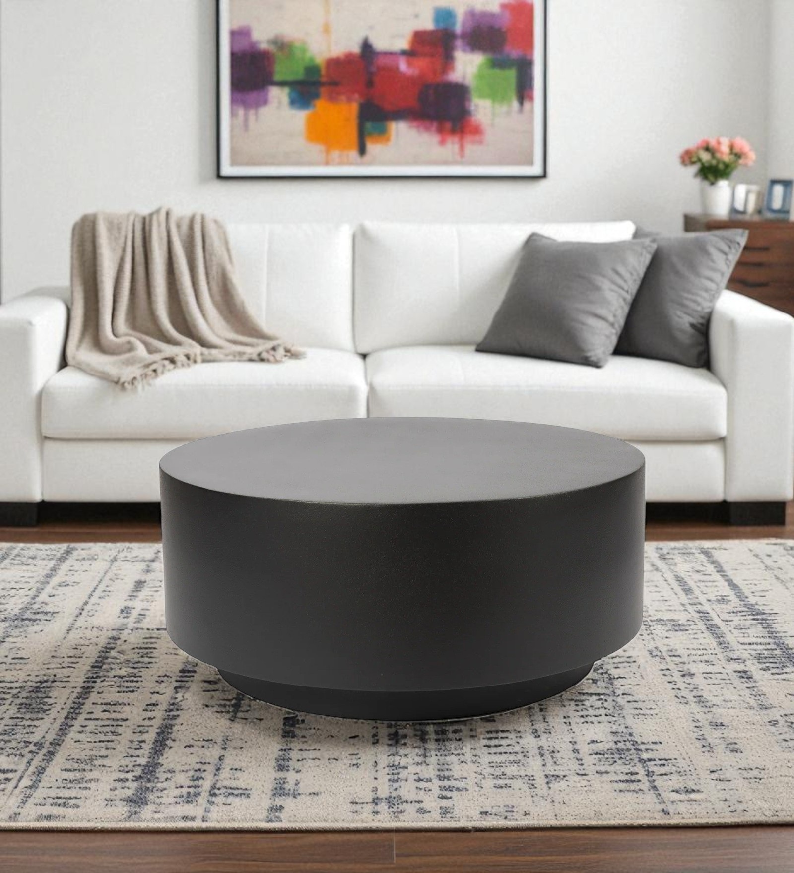 Oliv Modern Minimalist Round Drum Coffee Table in Matte Black Finish