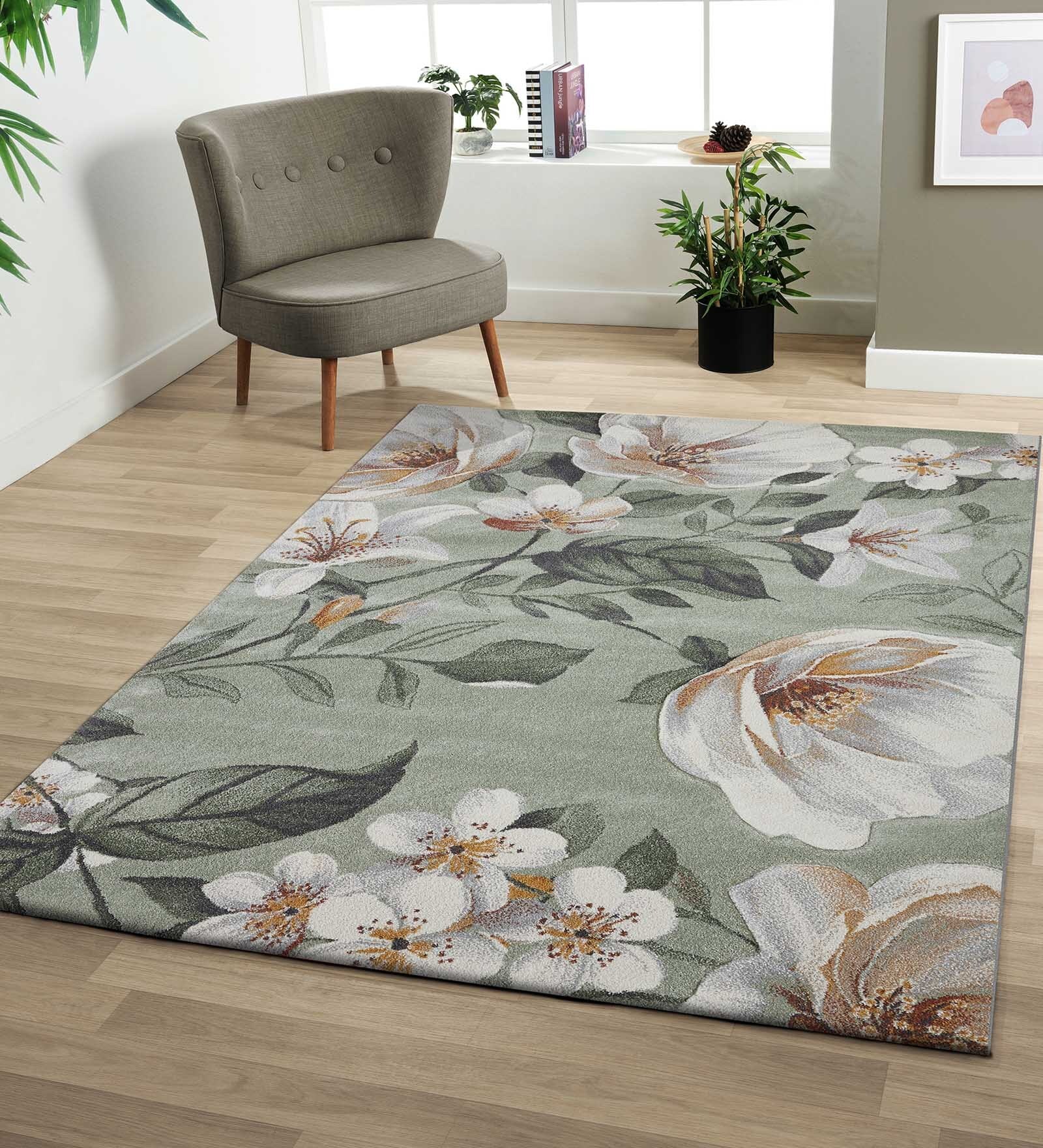 Olive and Cream Floral Polypropylene 9 ft x 6 ft Machine Made Carpet