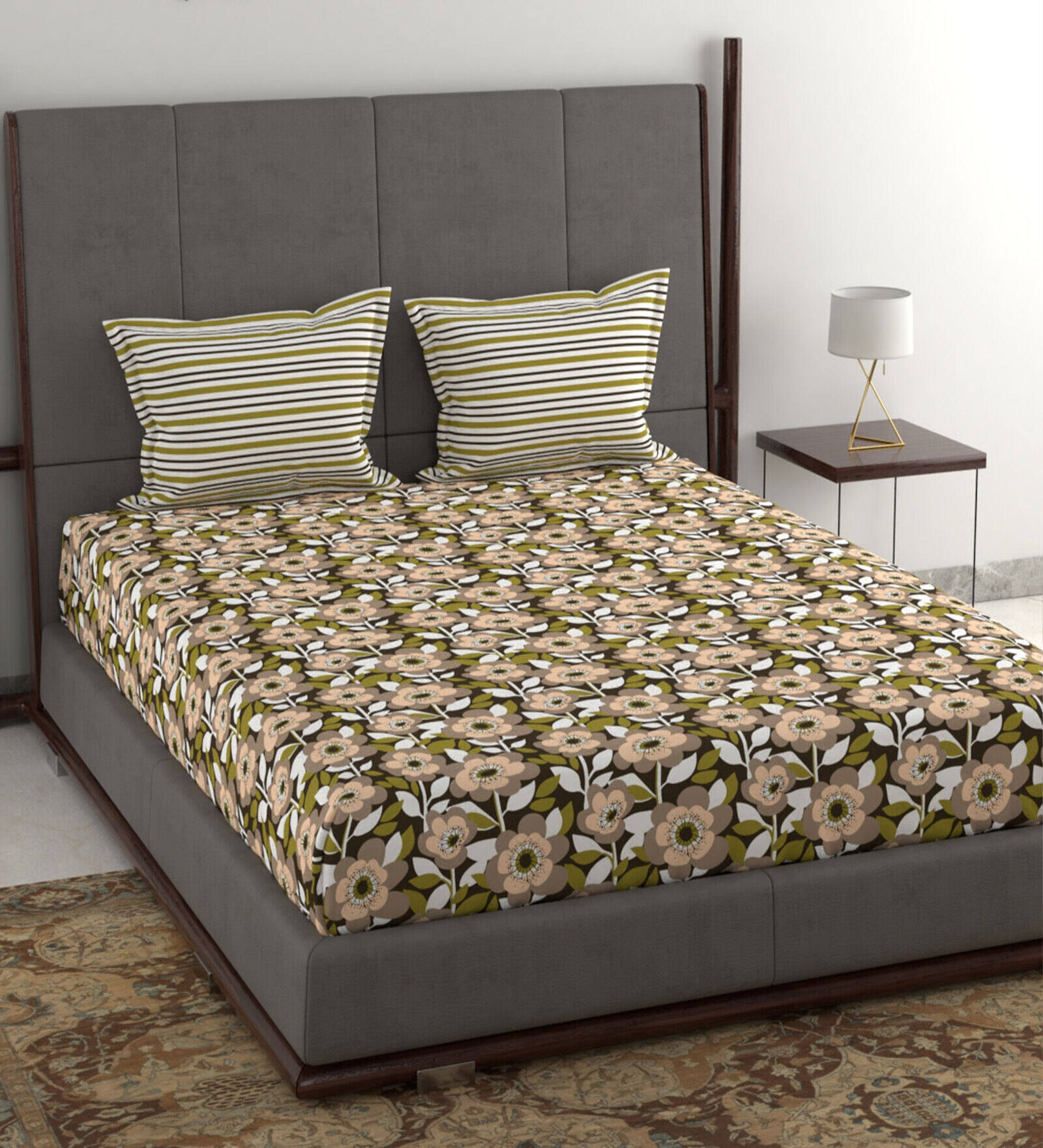 Buy Olive Floral 120 TC 100 Cotton Double Queen Size Bedsheet Gift Set