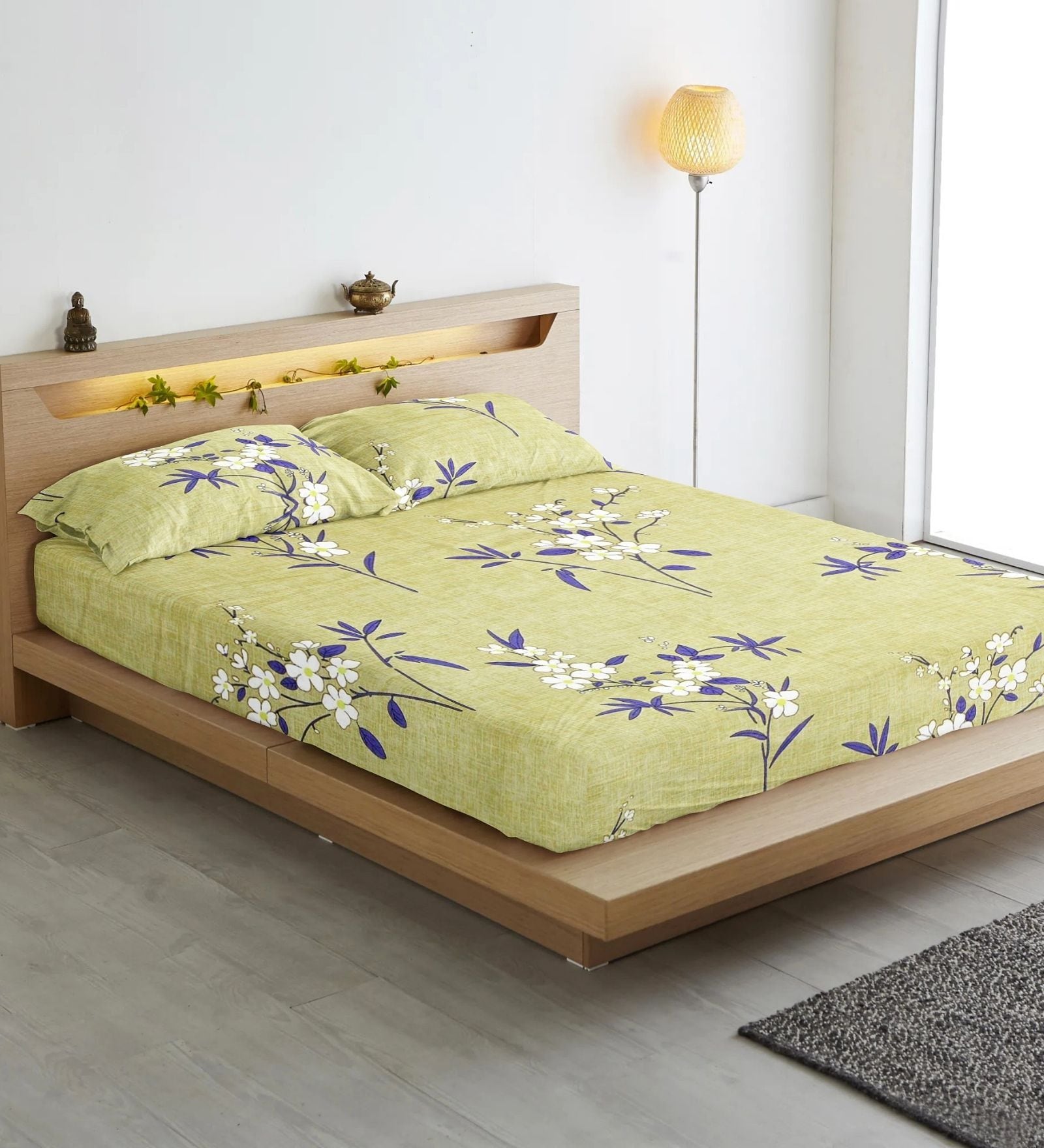 Olive Floral 210 TC Cotton Blend Fitted Bedsheet & 2 Pillow Covers