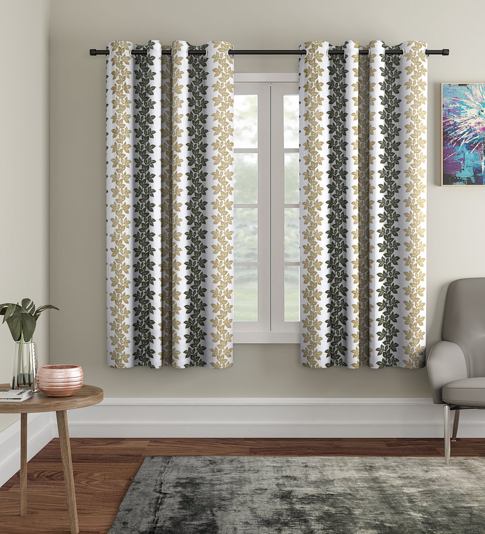 Olive Floral Polyester 5Ft Semisheer Eyelet Window Curtains (Set Of 2)