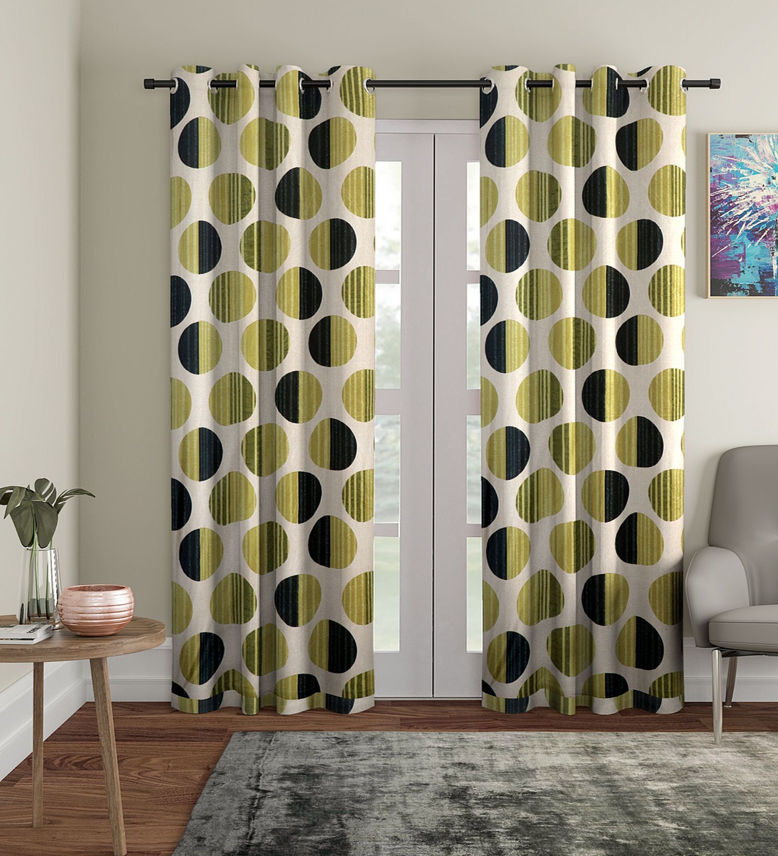Olive Floral Polyester 9Ft Semisheer Eyelet Door Curtains (Set Of 2)