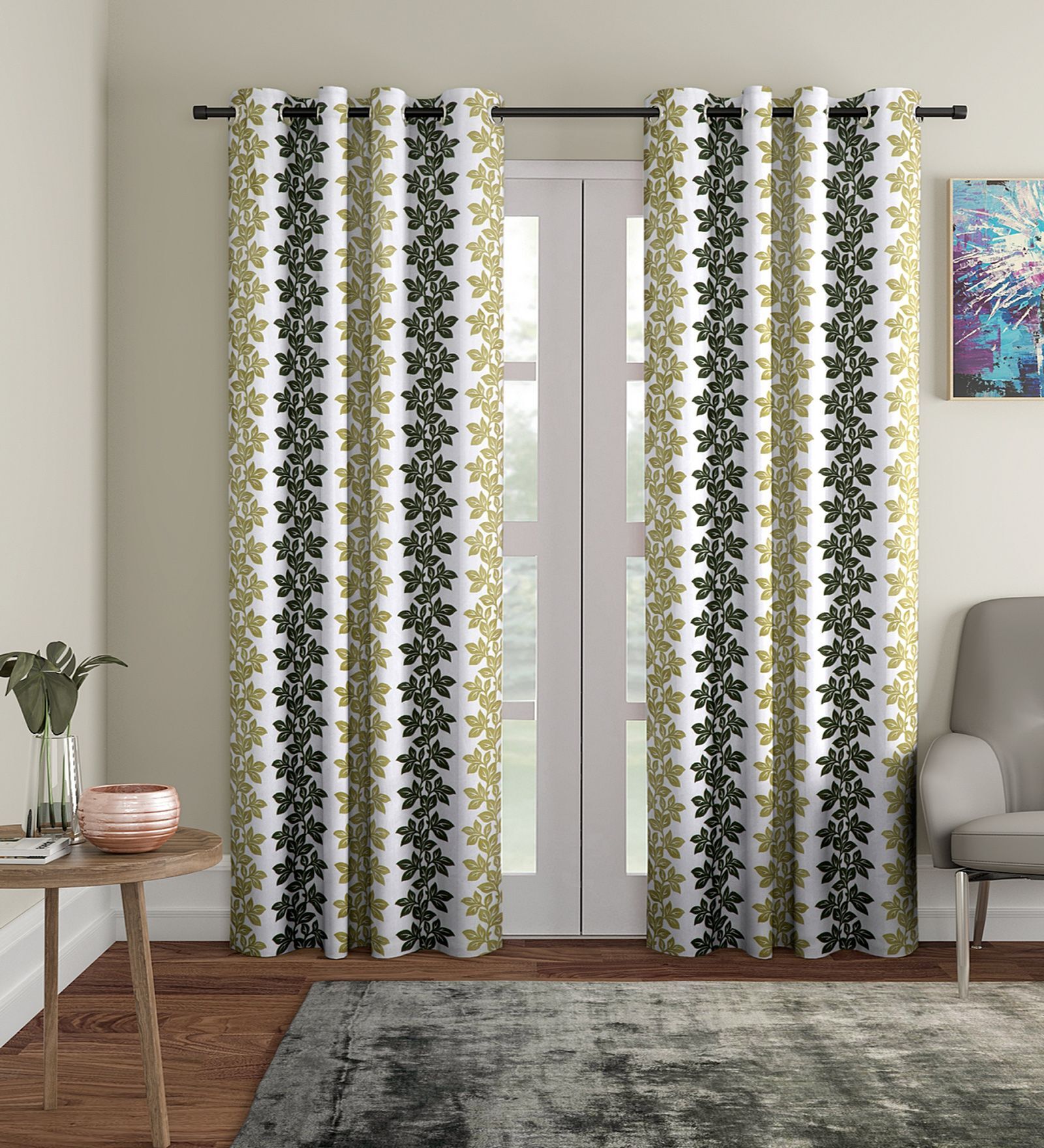 Olive Floral Polyester 9Ft Semisheer Eyelet Door Curtains (Set Of 2)