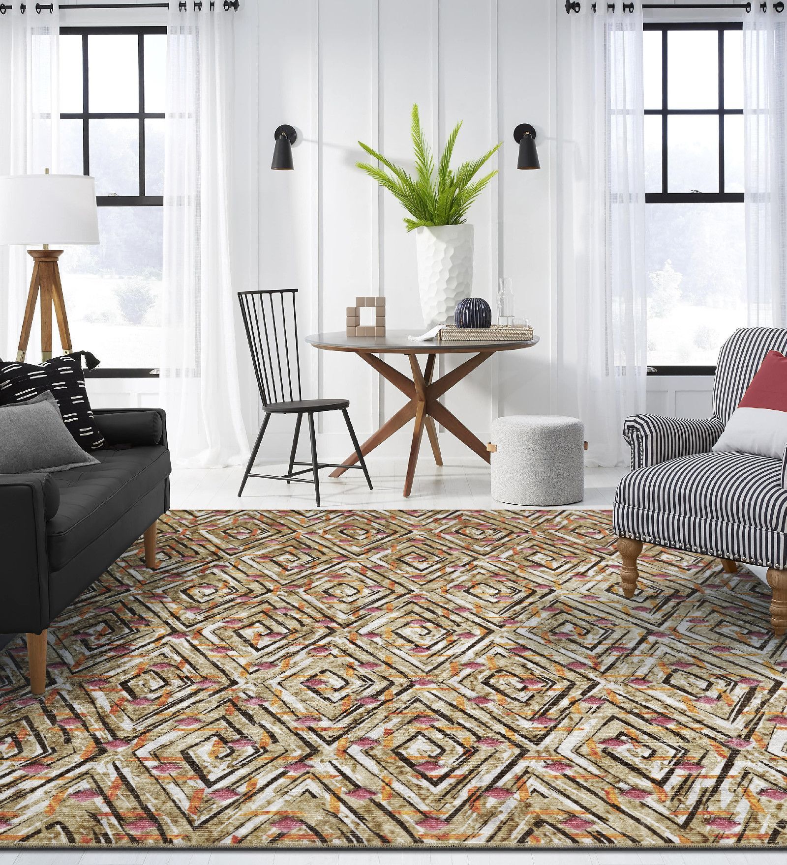 Olive Geometric Polyester 5 ft x 7 ft Machine Made Carpet