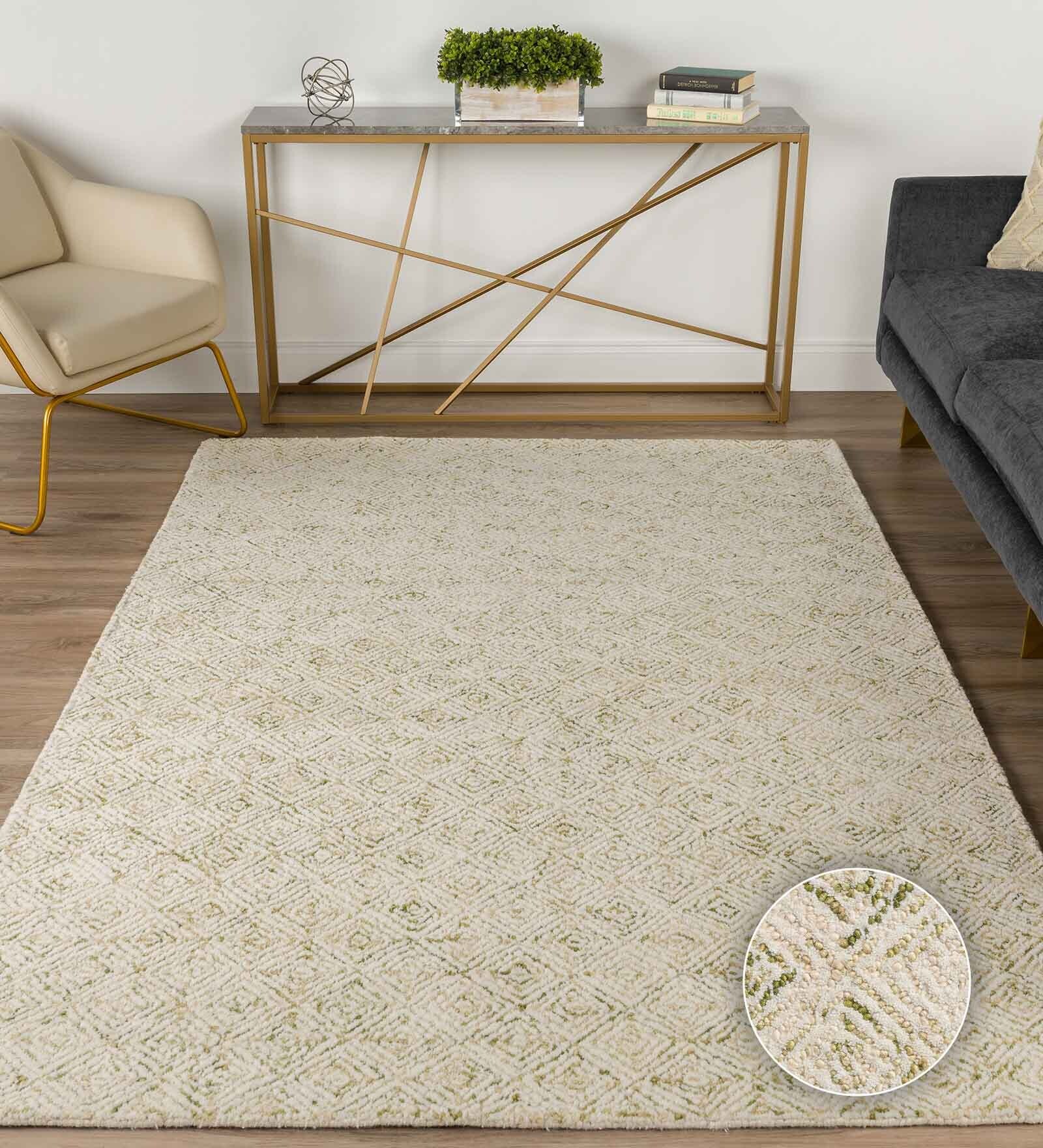 Olive Green & off White Abstract Wool 6 x 9 Feet Hand Tufted Carpet
