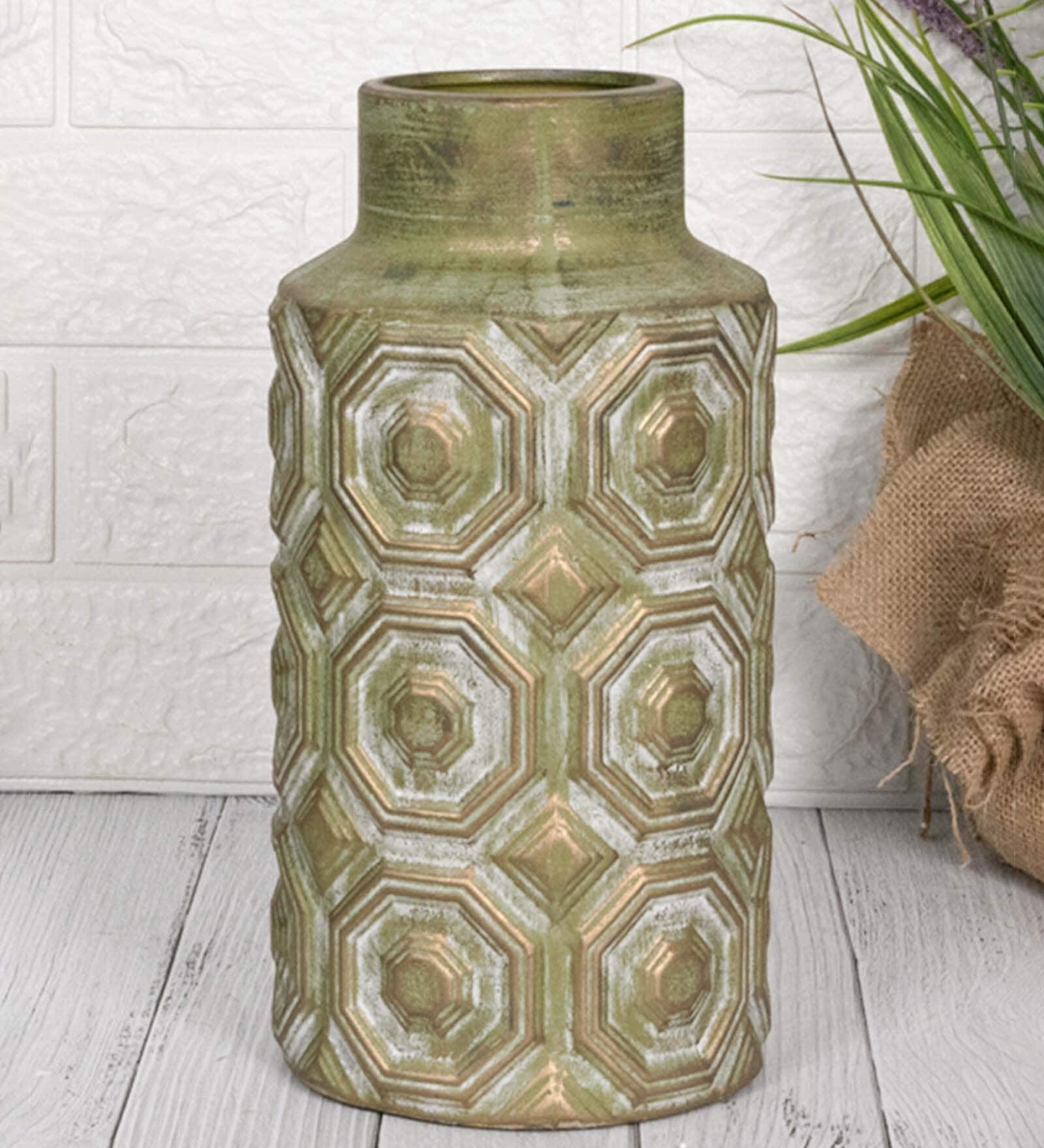 Olive Green Decorative Bold and Vintage Ceramic Cylindrical Shaped Vase