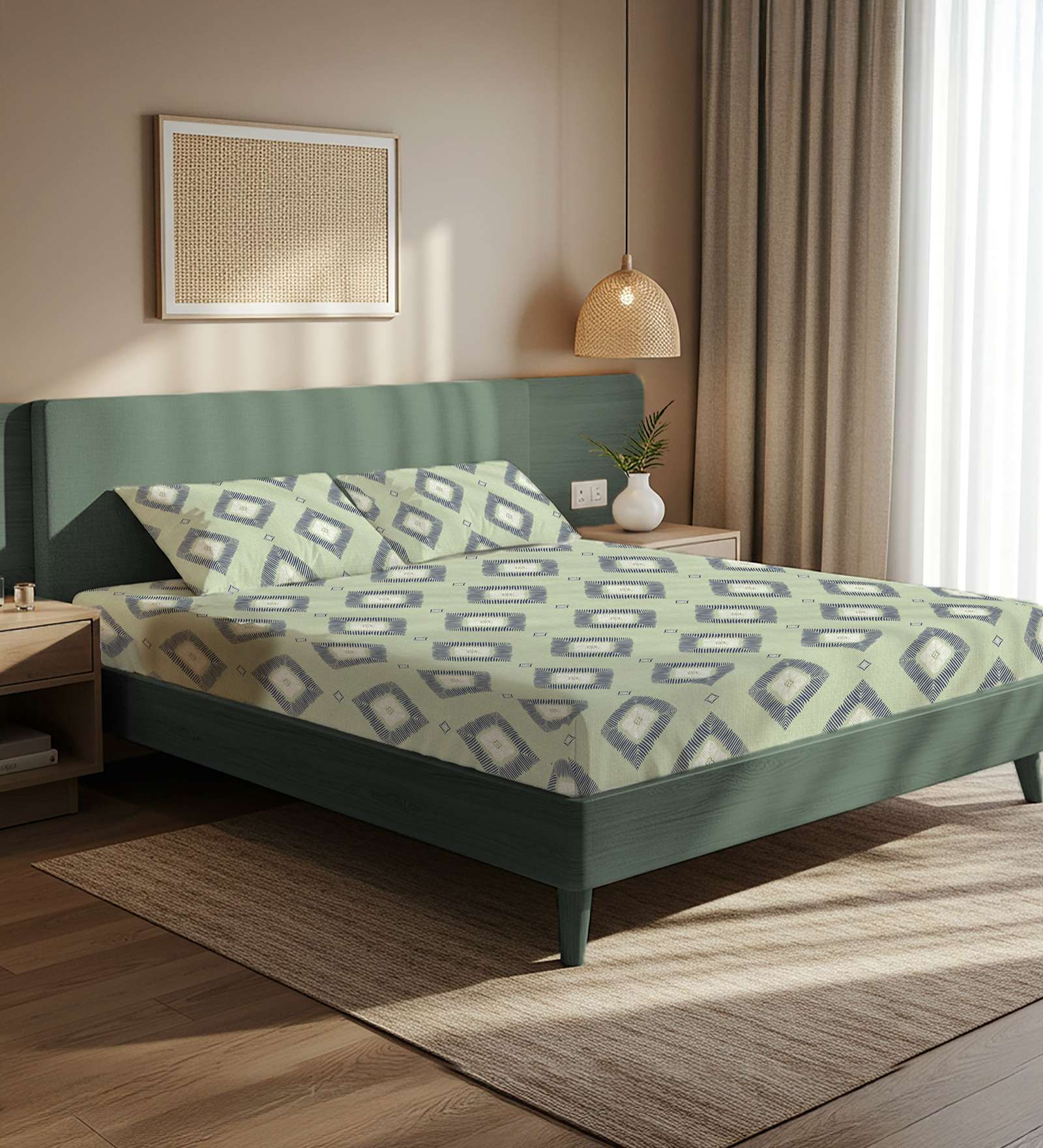 olive green Floral 200 TC Microfiber King Sized Bedsheet with 2 Pillow Covers