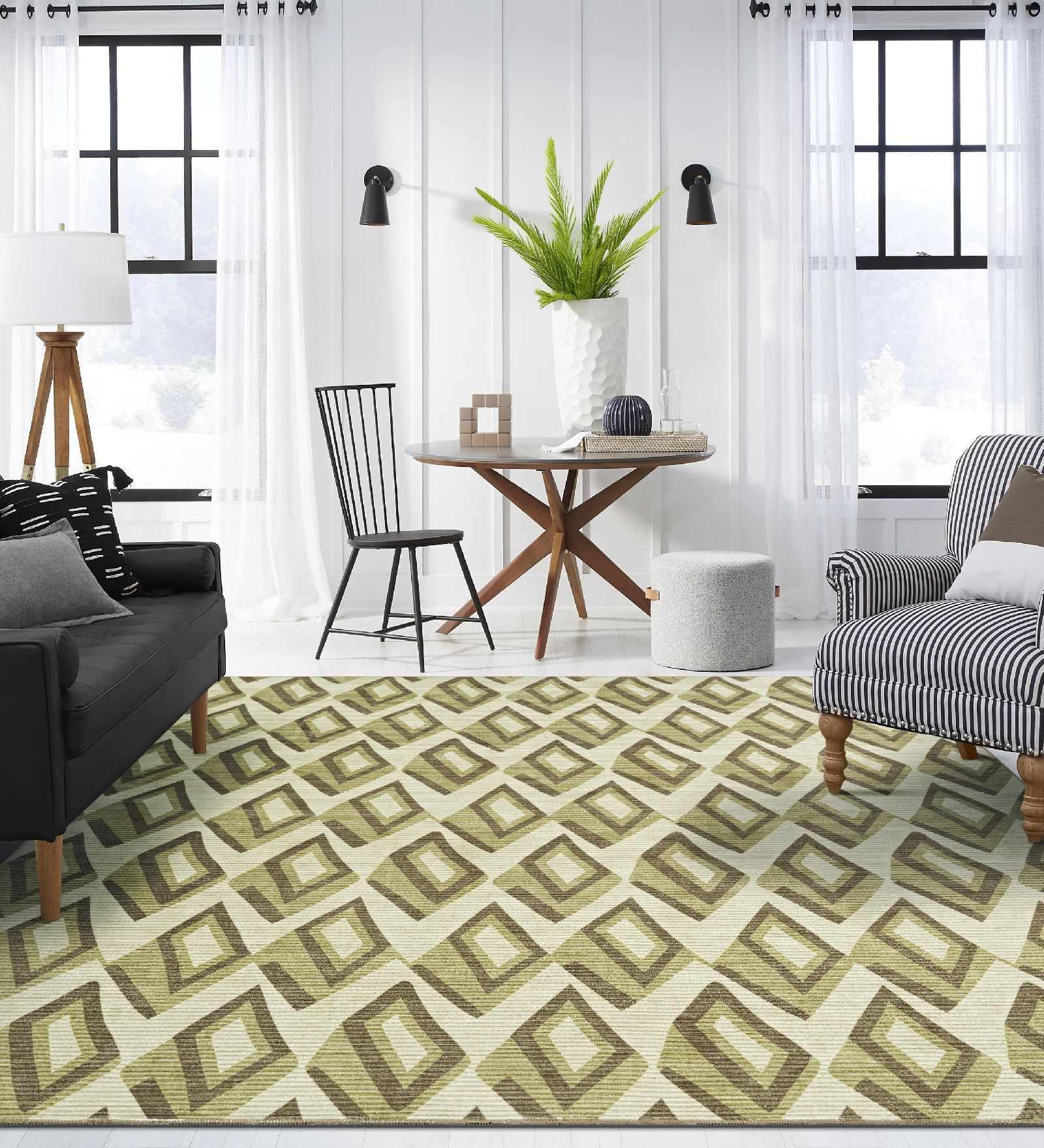 Olive Green Geometric Polyester 8 ft x 10 ft Machine Made Carpet