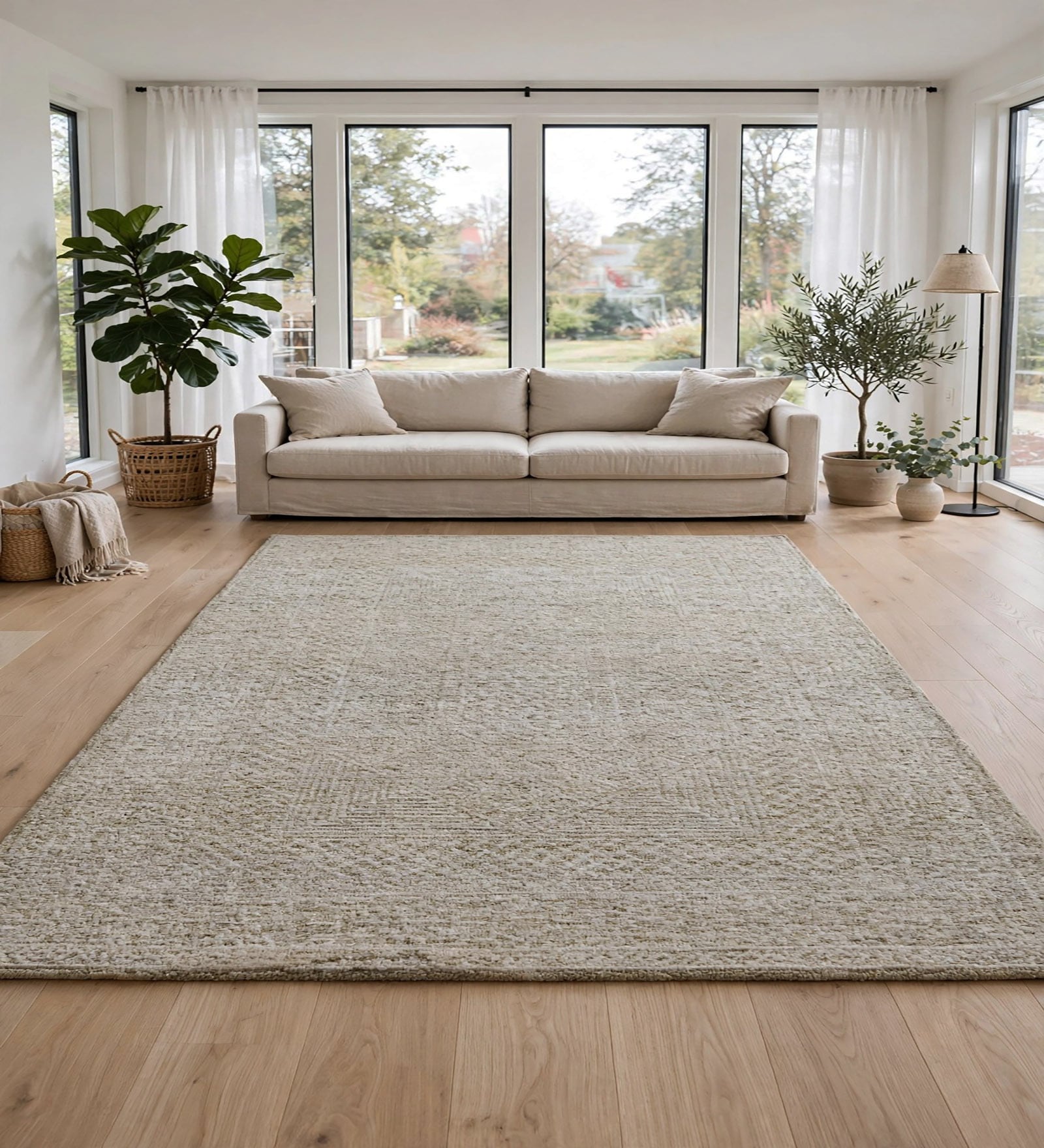 Olive Green Geometric Wool And Cotton 8 X 5 Feet Hand Tufted Carpet