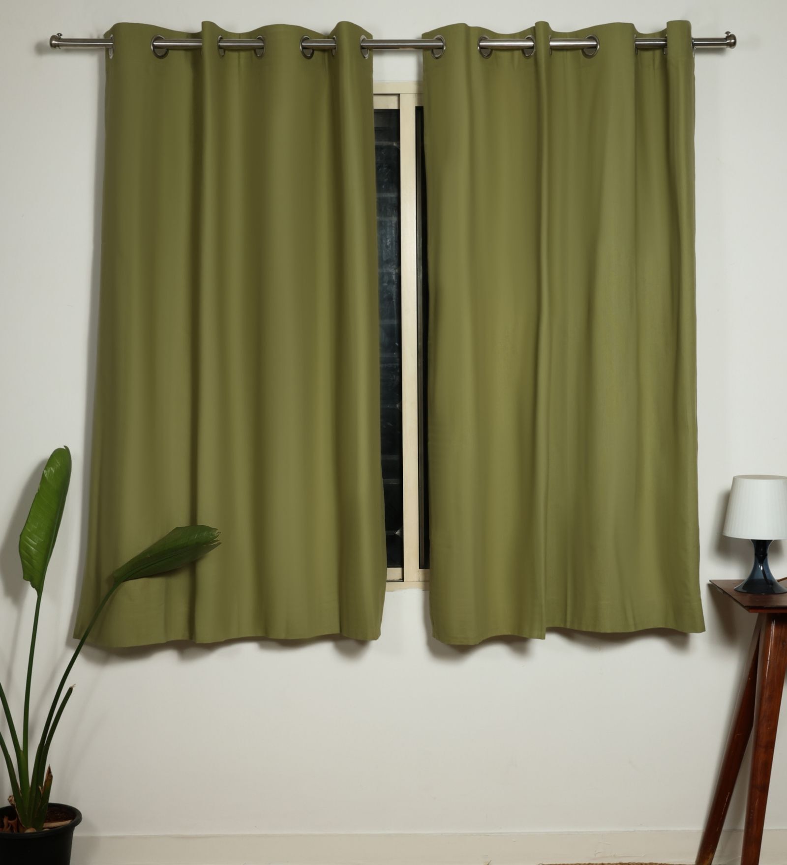 Olive green Green Cotton 230 GSM  Solid 5 Feet Room Darkening Eyelet Window Curtains (2 Pc)