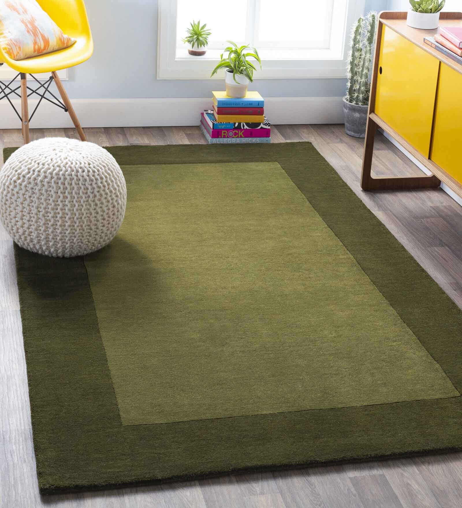Olive Green Solid Wool 5 ft x 7 ft Hand Woven Carpet