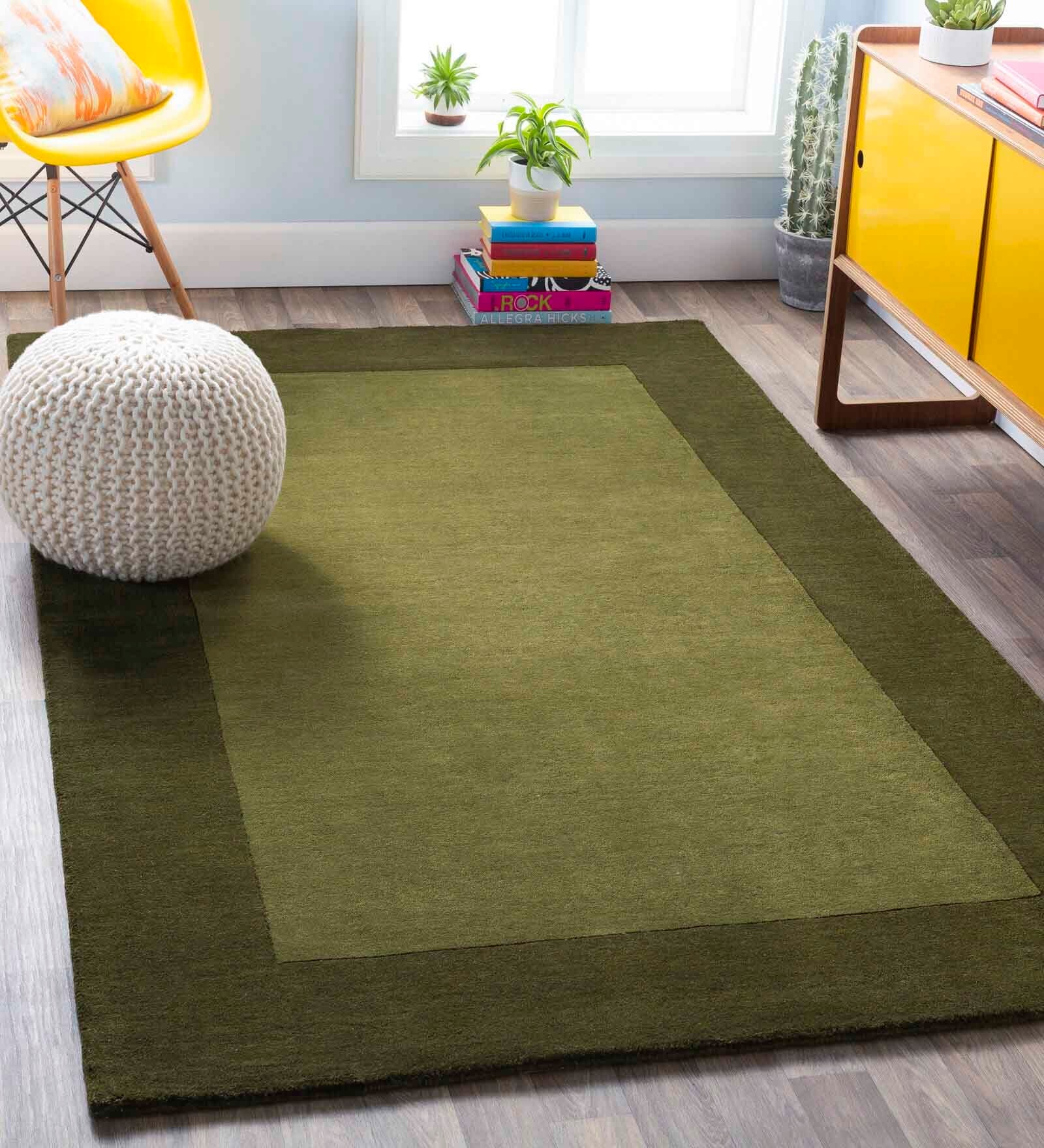 Olive Green Solid Wool 8 ft x 10 ft Hand Woven Carpet