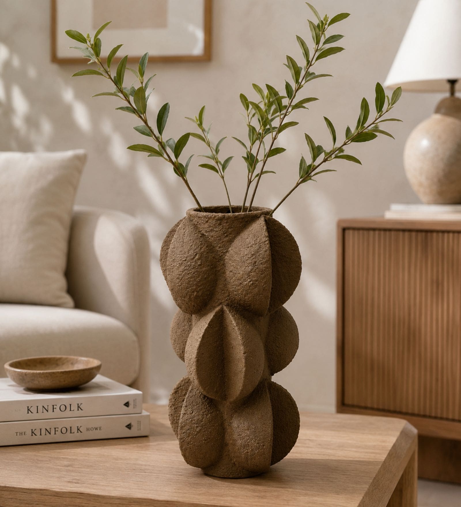 Olive Gris Modern Textured Polyresin Sculptural Flower Vase