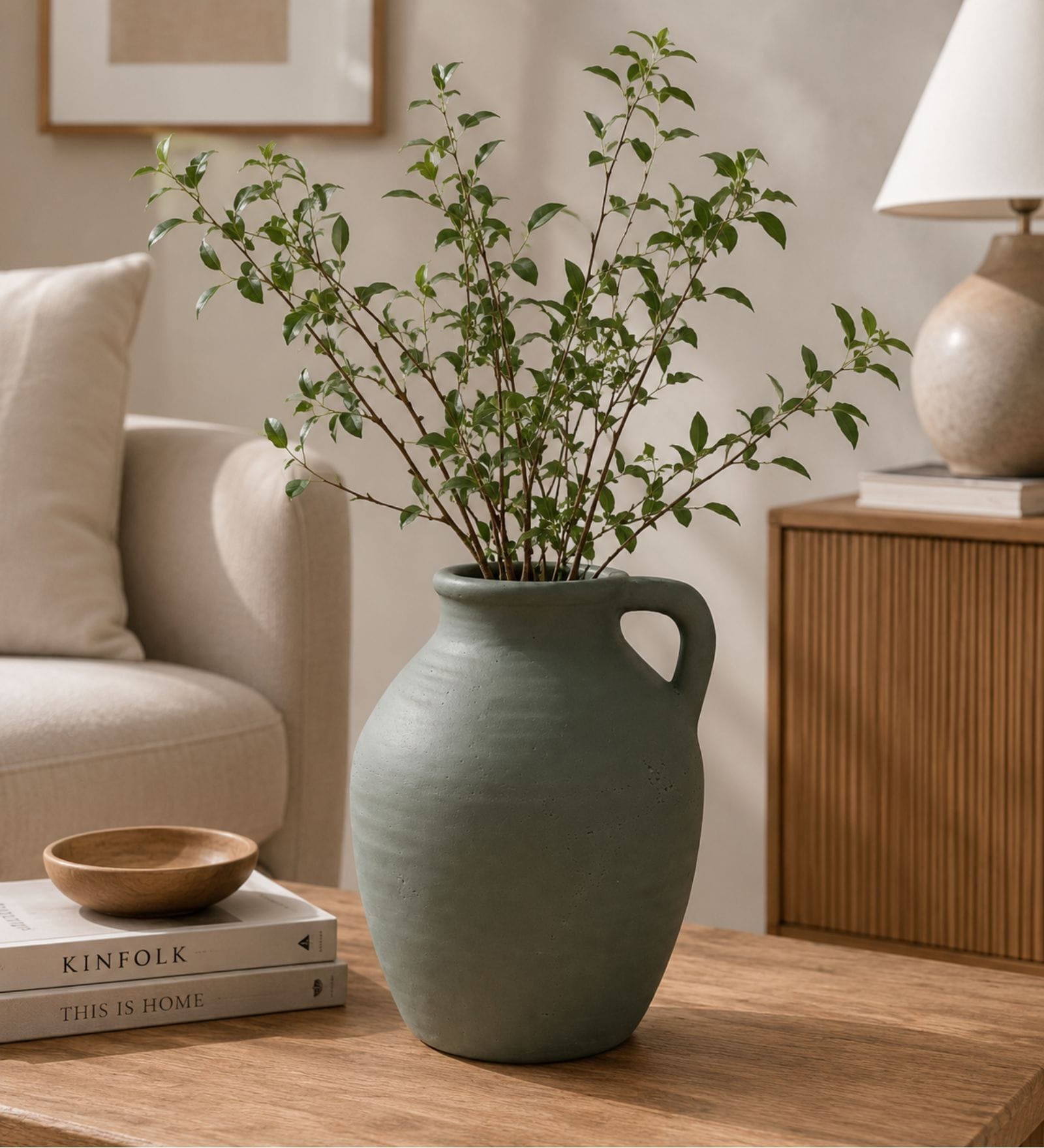 Olive Gris Rustic Minimalist Decorative Vase with Handle