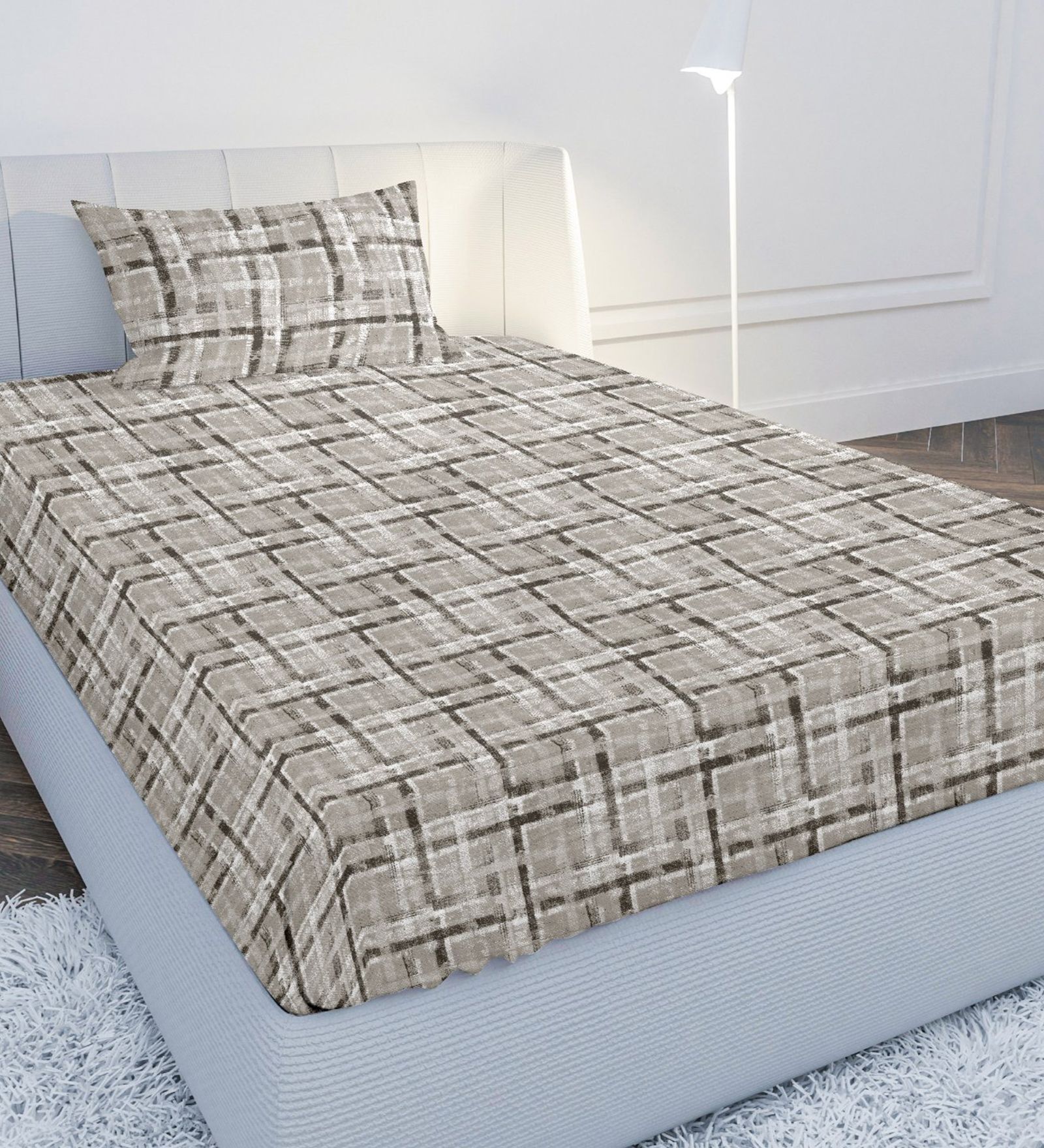 Olive Geometric 120 TC Cotton Single Bedsheet with 1 Pillow Cover