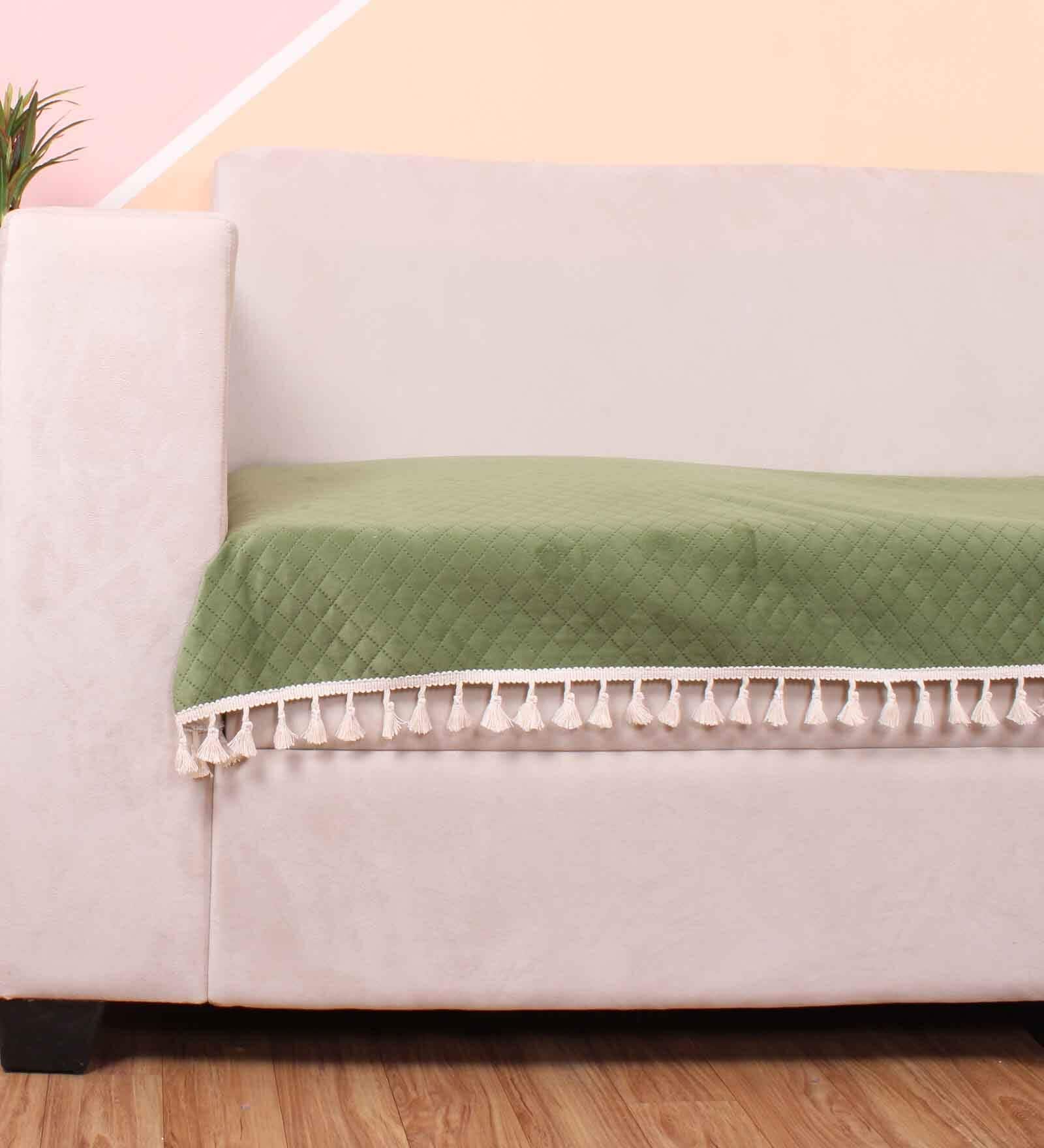 Olive Solid Velvet 1 Seater Quilted Sofa Cover (Protector) with Tassel
