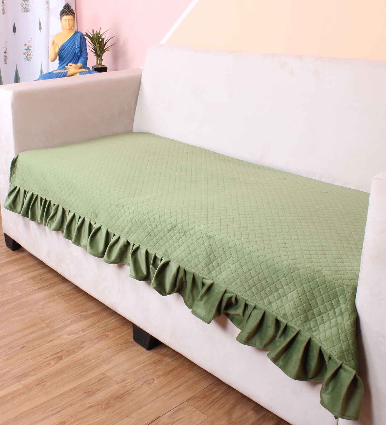 Olive Solid Velvet 2 Seater Quilted Sofa Cover (Protector) with Frill