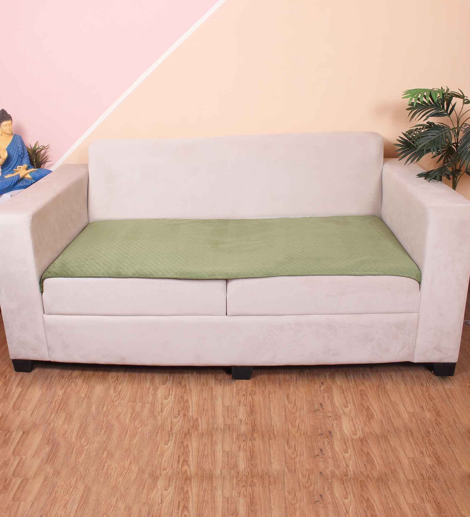 Olive Solid Velvet 3 Seater Quilted Sofa Cover (Protector)