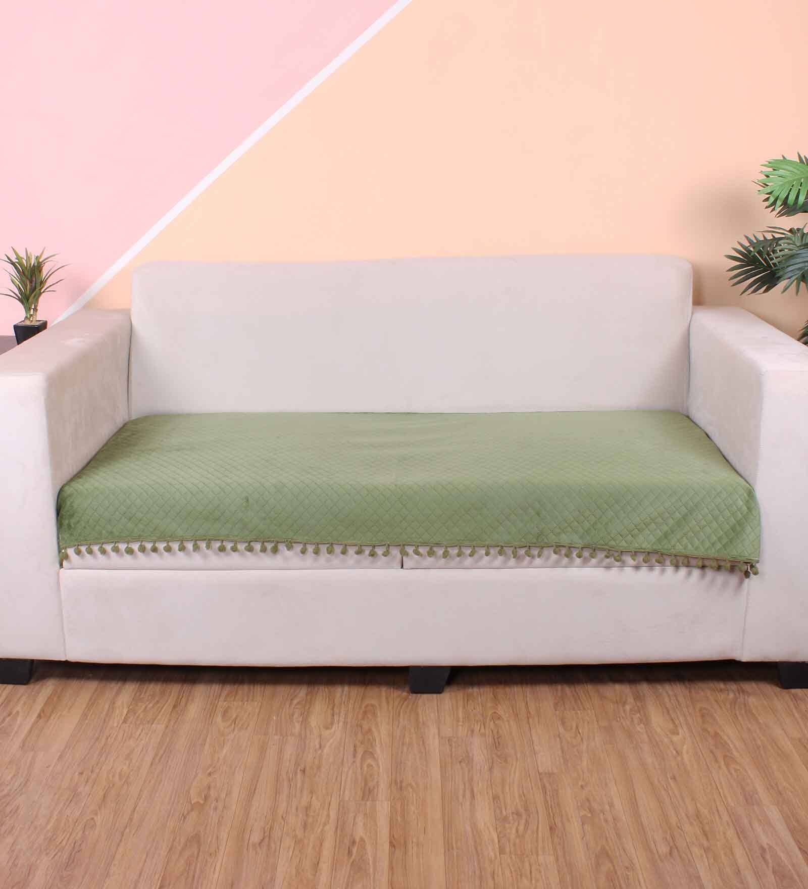 Olive Solid Velvet 3 Seater Quilted Sofa Cover (Protector) with Pompom