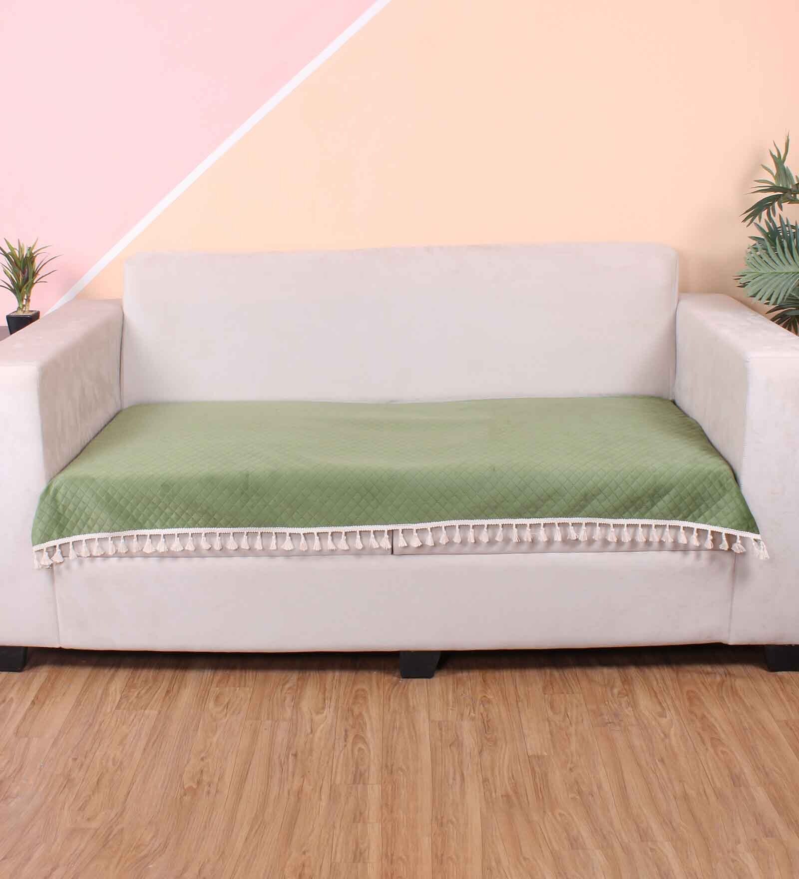 Olive Solid Velvet 3 Seater Quilted Sofa Cover (Protector) with Tassel