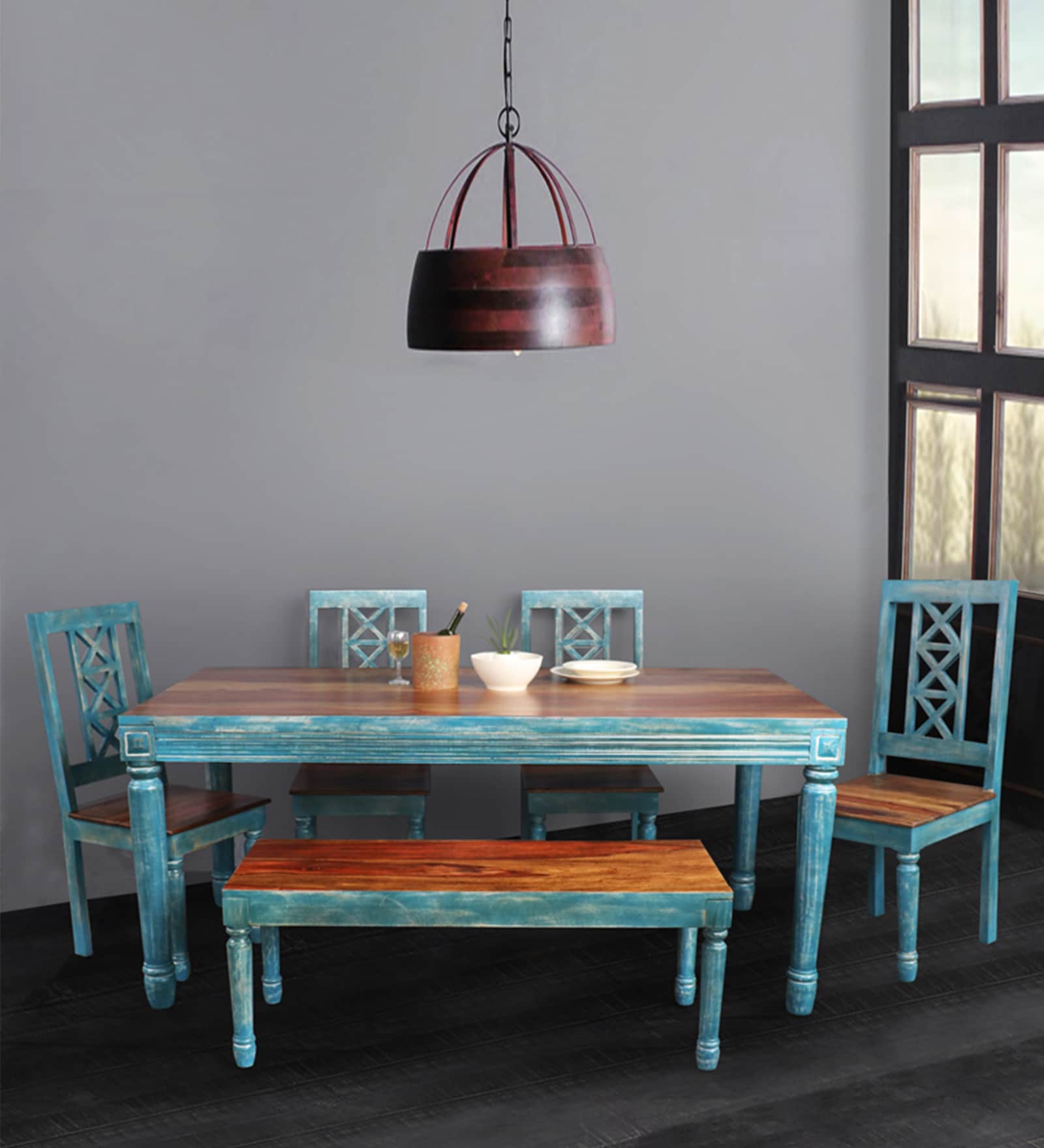 Olive Solid Wood 6 Seater Dining Set in Distress Blue & Teak Finish with Bench