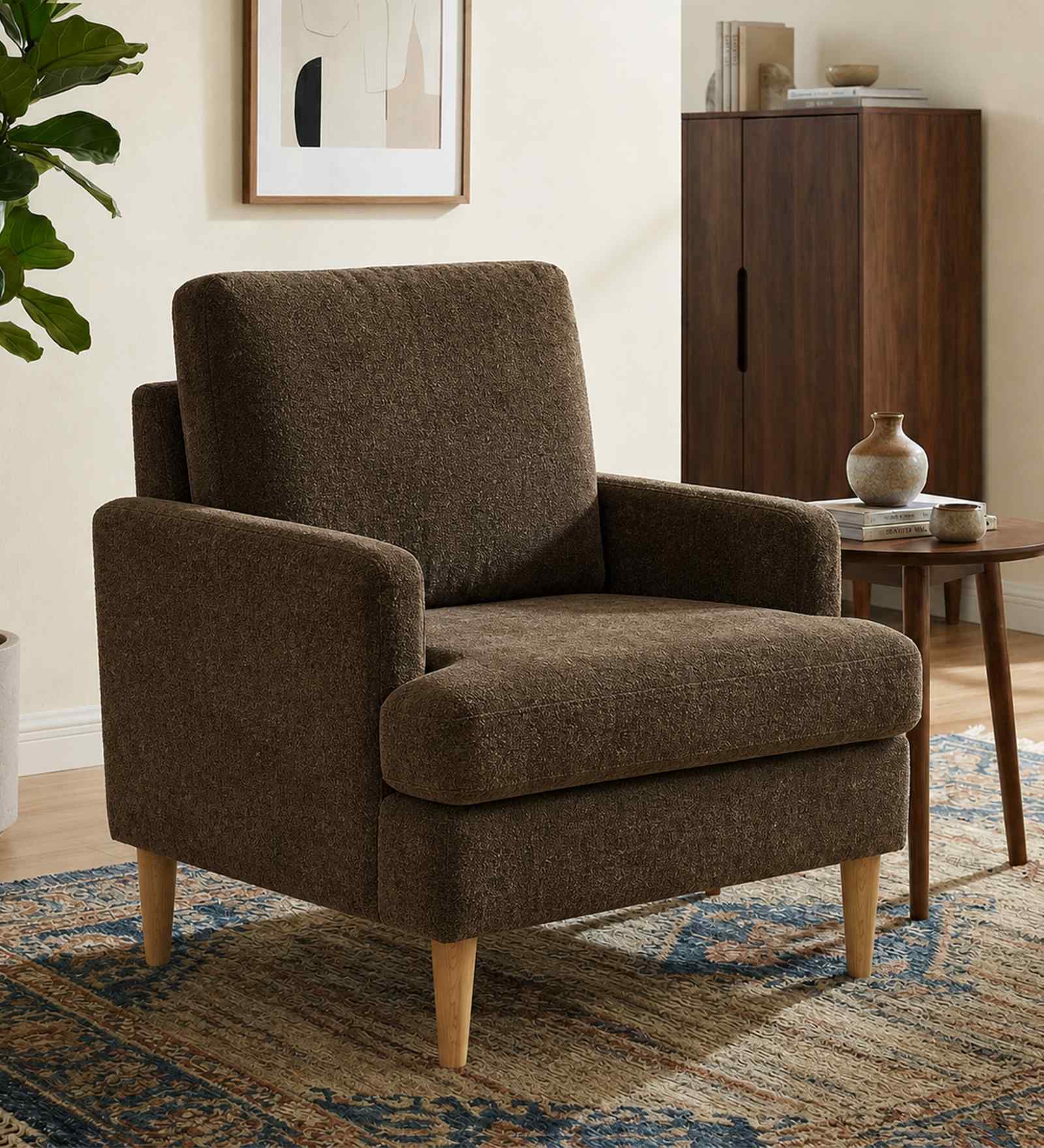 Oliver Boucle Fabric Lounge Chair In Brown Colour