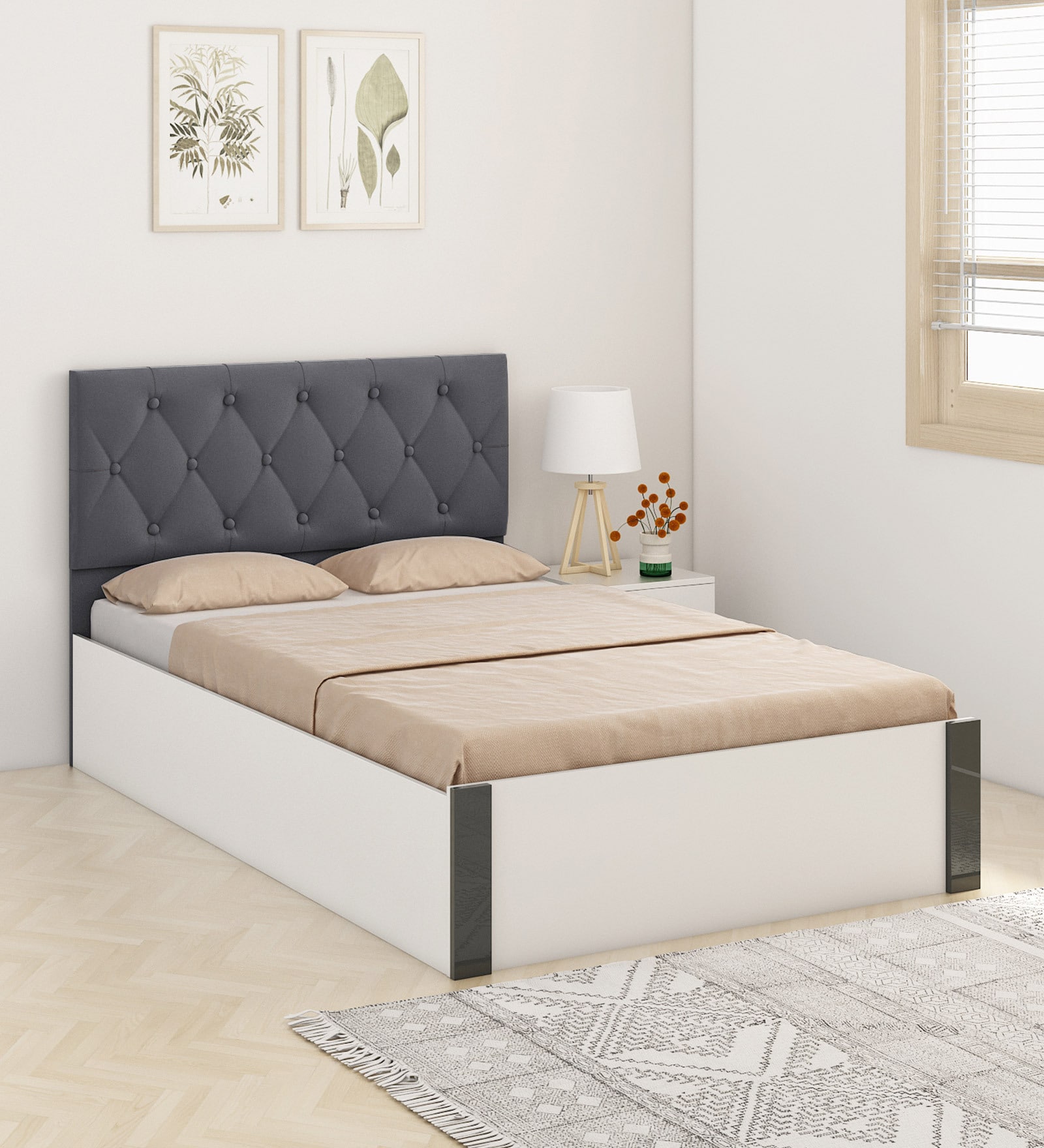 Buy Oliver Upholstered Queen Size Bed in Frosty White Finish with Box