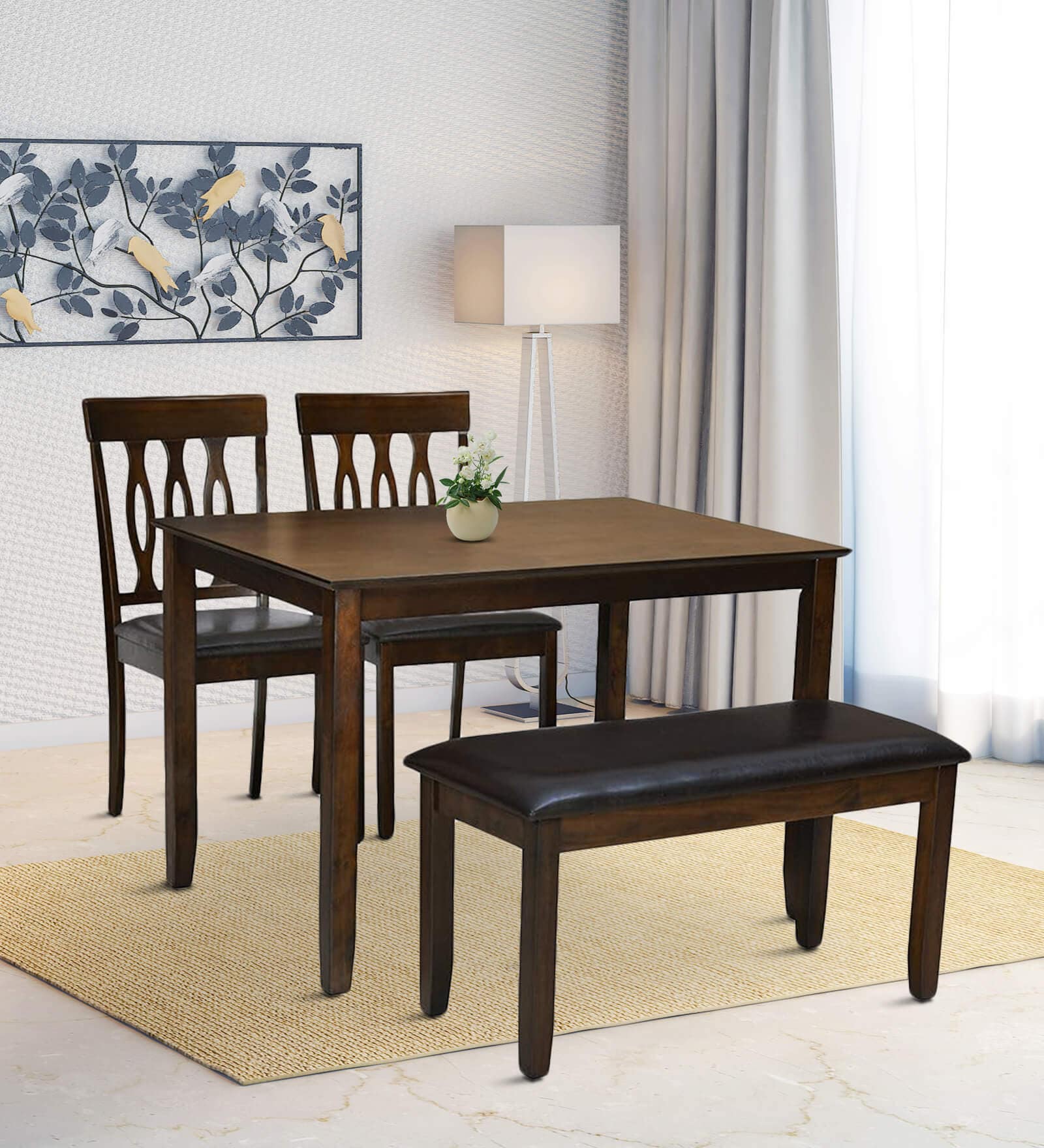 Olivia  Solid Wood 4 Seater Dining Set with Bench in Brown Finish