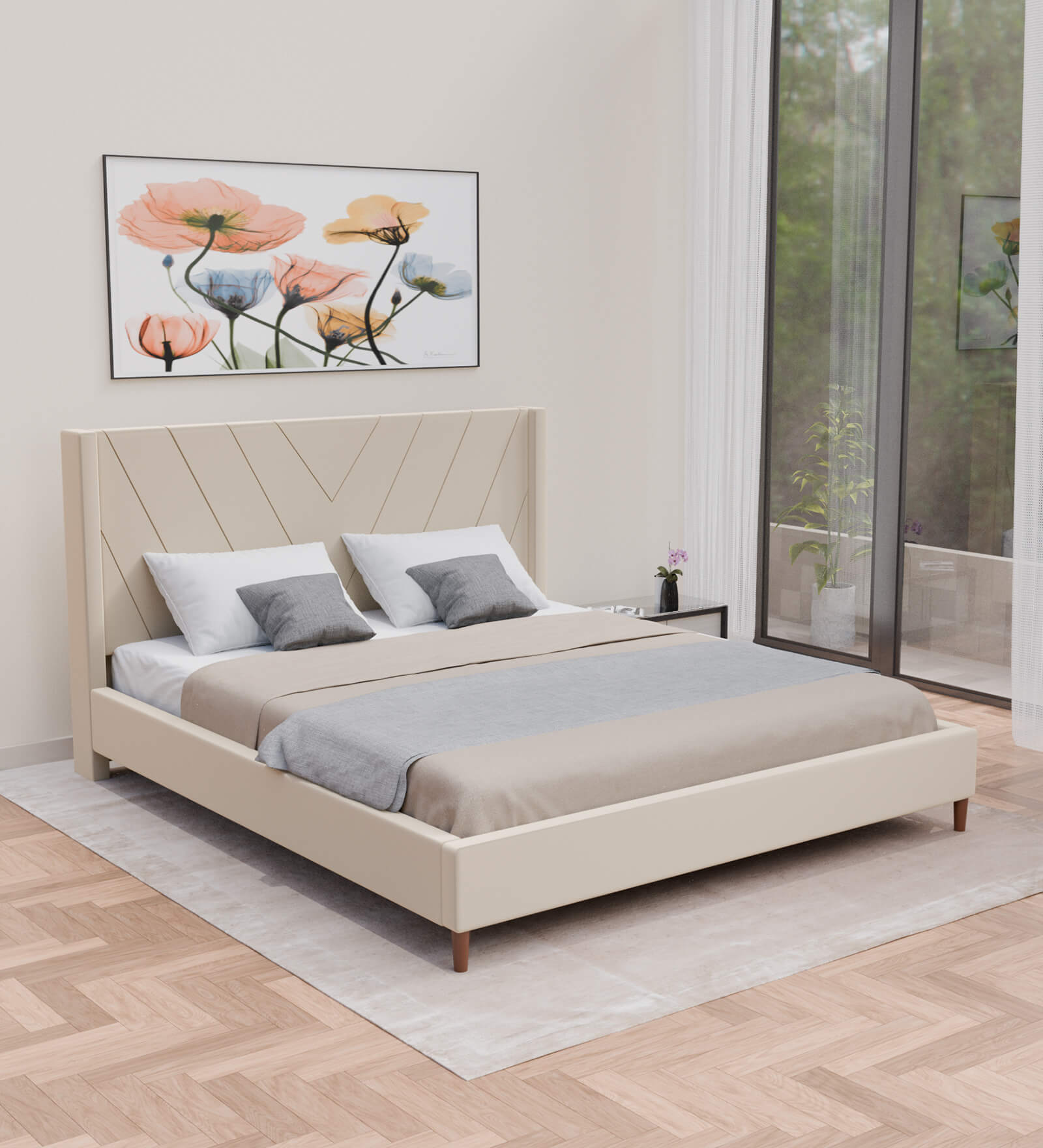 Olivia Velvet  King Size Bed in Beige  Colour