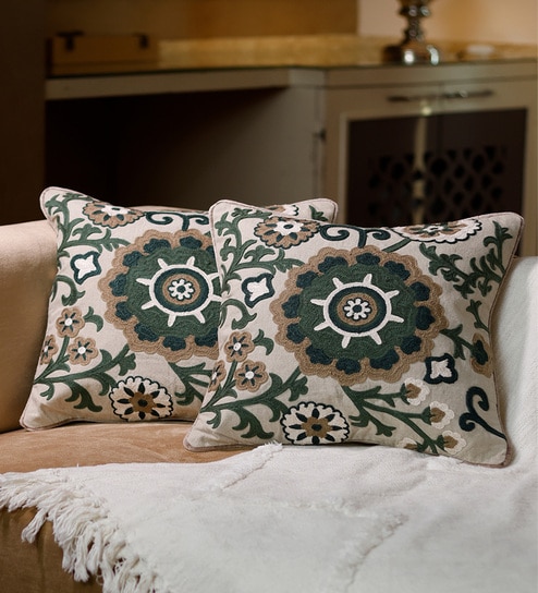 olive Abstract Cotton Hand Crafted Cushion Covers
