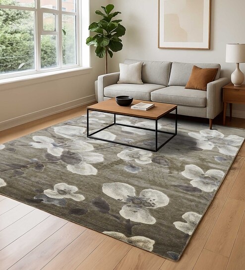 Olive and Cream Floral 5x7 Feet Machine Made Carpet