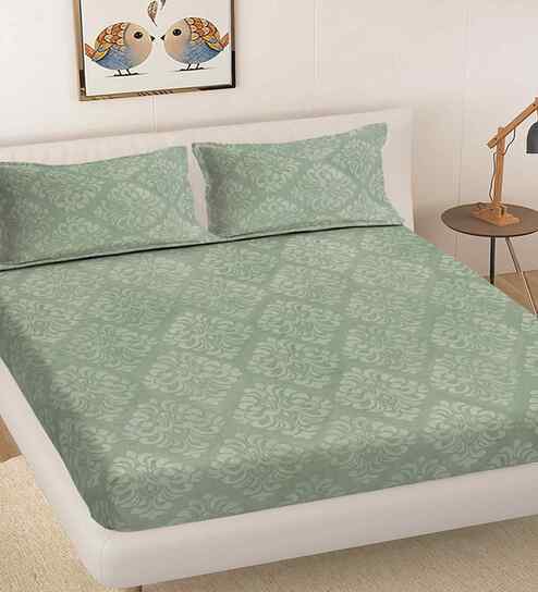 Olive Ethnic 300 TC Cotton Blend King Size Embossed Double Bedsheet with 2 Pillow Covers