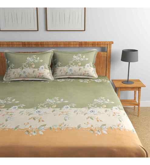 Olive Floral 144 TC Cotton Queen Sized Bedsheet Bedsheet 2 Pillow Rose Collection