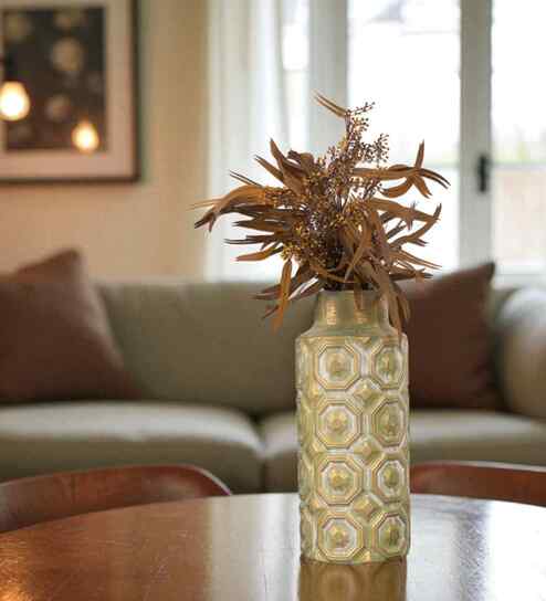 Olive Green Decorative Bold and Vintage Ceramic Cylindrical Shaped Vase