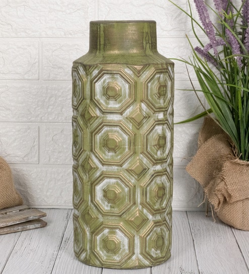 Olive Green Decorative Bold and Vintage Ceramic Cylindrical Shaped Vase