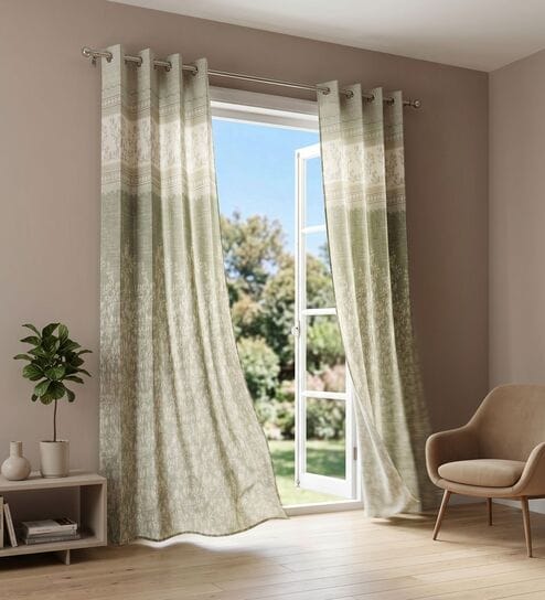 Olive Poly Cotton Floral 9Ft Light Filtering Eyelet Long Door Curtain