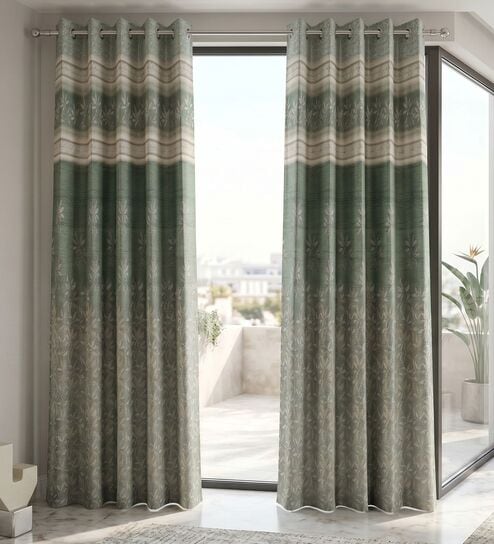Olive Polyester Floral 9Ft Light Filtering Eyelet Long Door Curtain