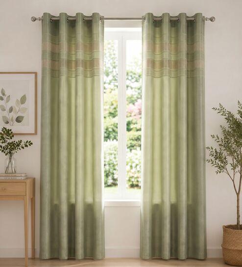 Olive Silk Abstract 7Ft Light Filtering Eyelet Door Curtain