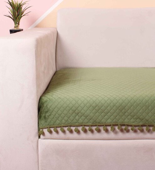 Olive Solid Velvet 1 Seater Quilted Sofa Cover (Protector) with Pompom