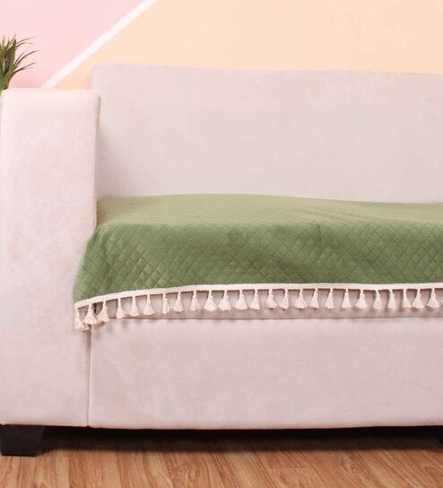 Olive Solid Velvet 1 Seater Quilted Sofa Cover (Protector) with Tassel