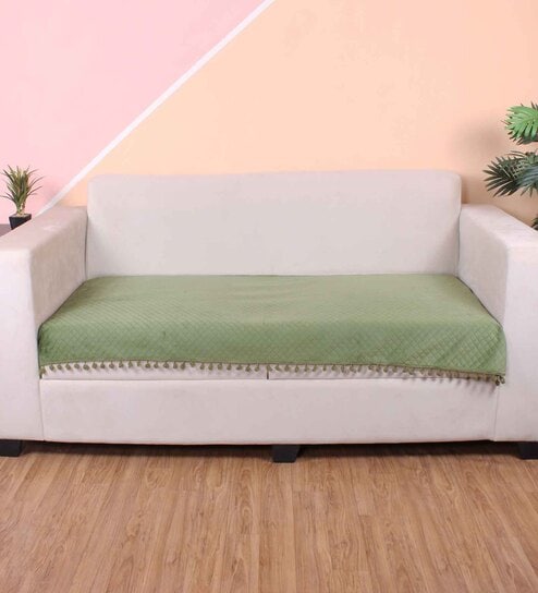 Olive Solid Velvet 3 Seater Quilted Sofa Cover (Protector) with Pompom