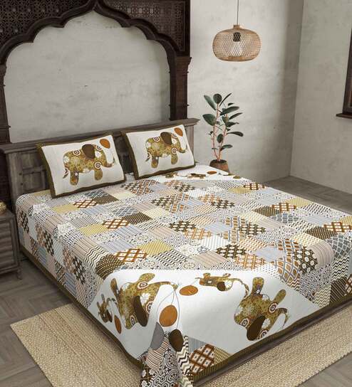 Mustard Abstract 240 TC Cotton King Sized Bed Sheets with 2 Pillow Covers
