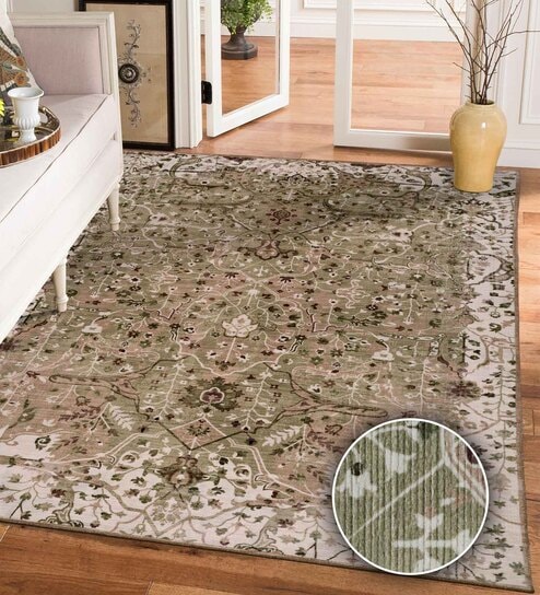 Olive Green Floral Polyester 9' X 12' Machine Made Carpet