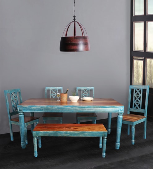 Olive Solid Wood 6 Seater Dining Set in Distress Blue & Teak Finish with Bench