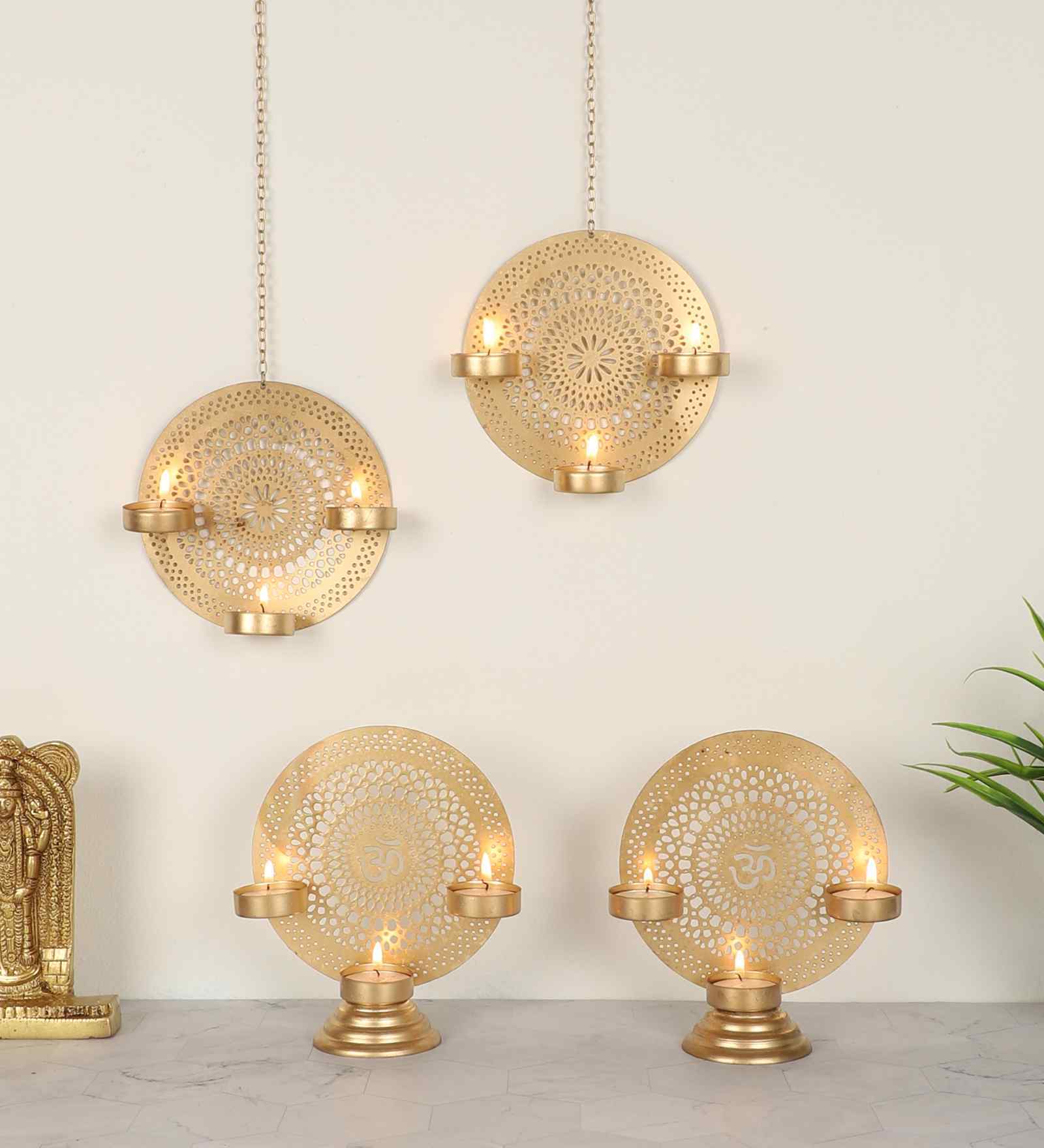 Om Etching Table & Hanging Tealight Holders Set of 4