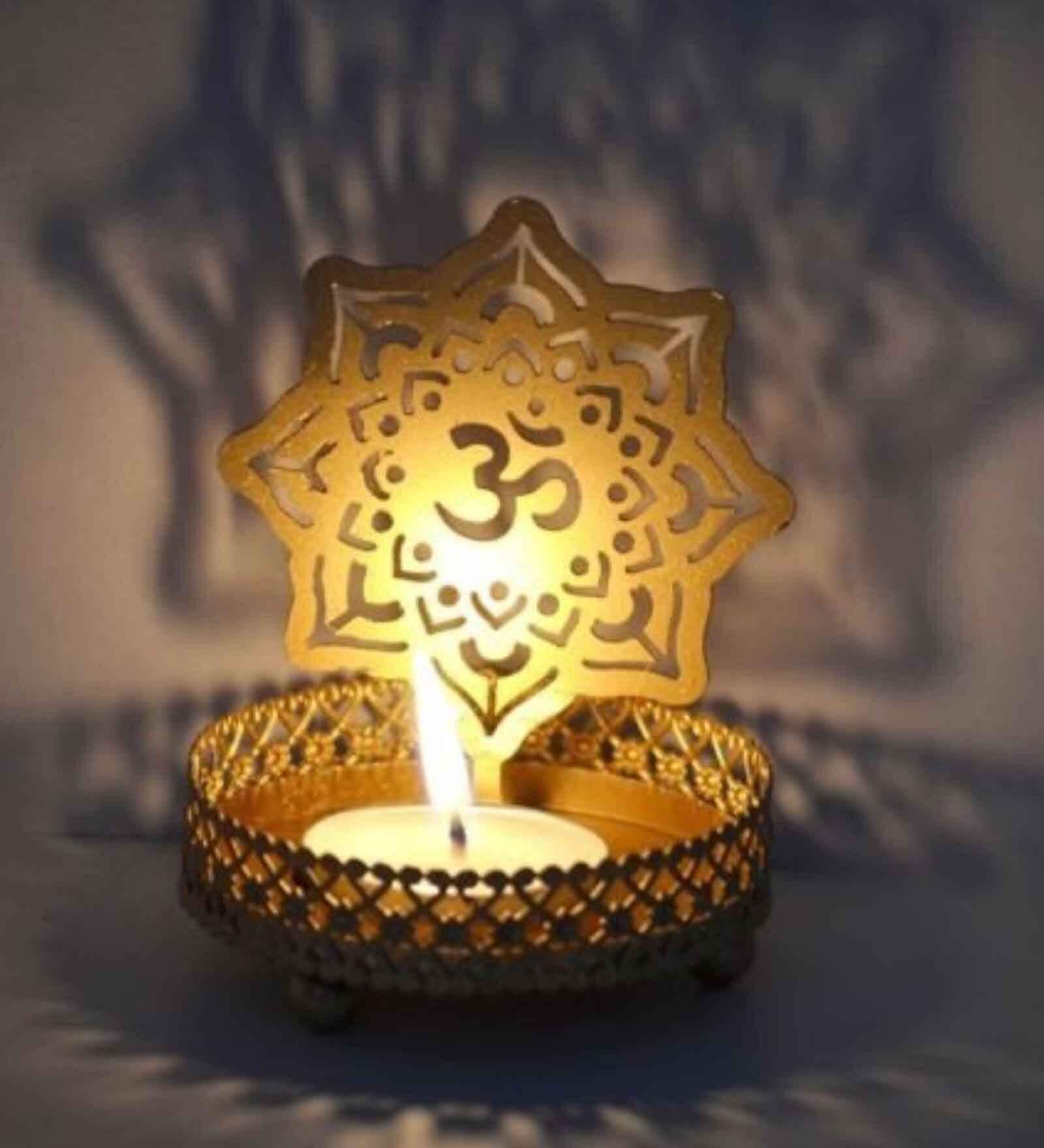 Om Gold Metal Table Tea Light Holder