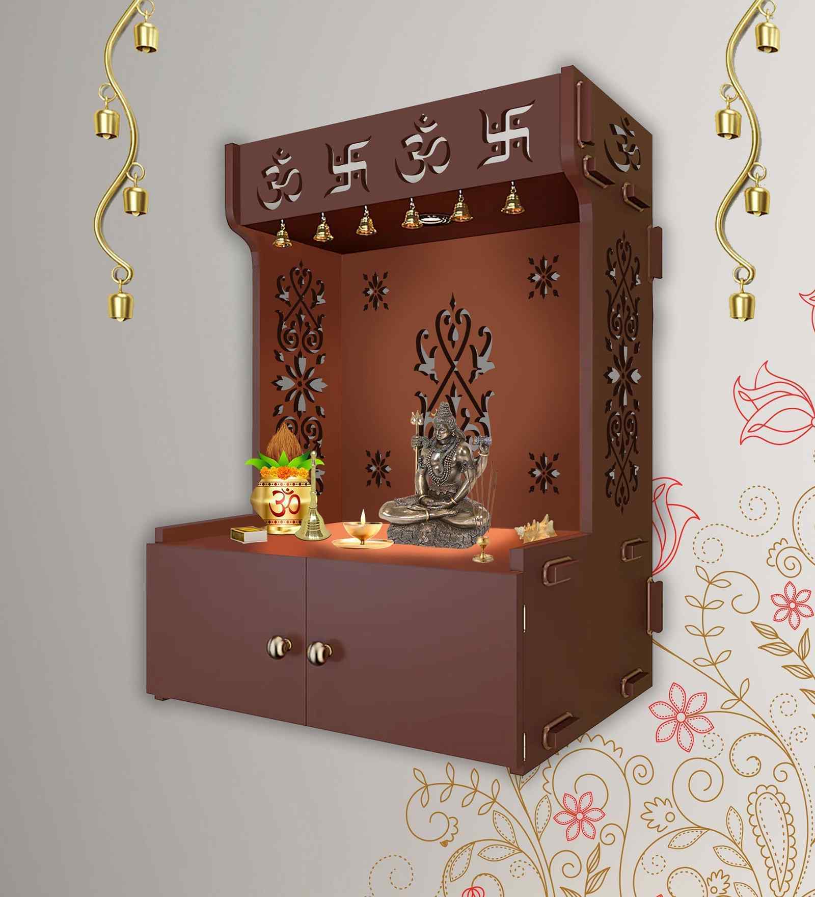 OM Swastika Symbol of Hindu Religious Brown Wooden Wall Temple for Home With Inbuilt focus Lights & Spacious Shelf